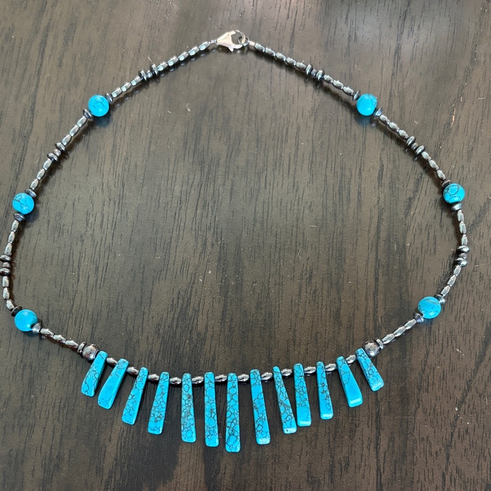 Turquoise and Sterling Silver Beaded Necklace with Hematite